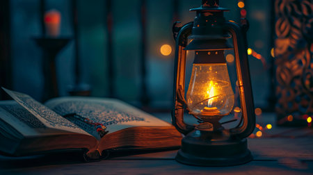 Lantern with a book on a wooden table in the darkの素材