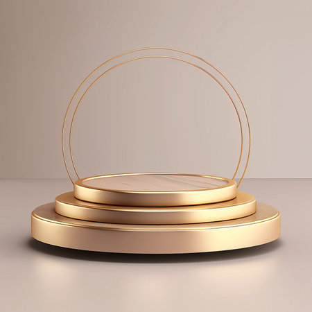 3d render of golden pedestal or podium for product presentation with round frameの素材