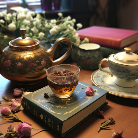 A cup of tea with a book and flowers on a wooden tableの素材