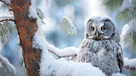 Snowy owl sitting on pine branch in winter forest. Snowy owl in winter forest.の素材