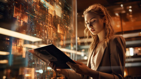 Attractive young businesswoman using tablet computer in office. Business conceptの素材