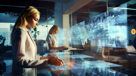 Innovative technologies. Cheerful young woman using a digital tablet while standing in the modern officeの素材