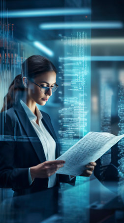 Attractive businesswoman reading newspaper in office with double exposure of binary codeの素材