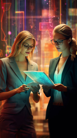 Two businesswomen in suits and glasses looking at documents in office.の素材