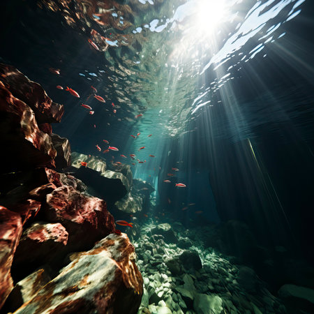Underwater view of the coral reef with fishes and rays of sunlightの素材