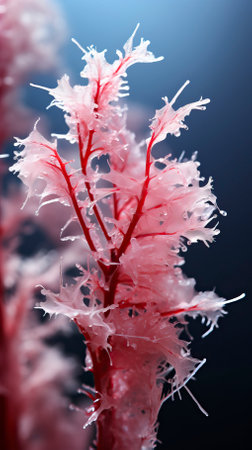 Red seaweed with ice crystals in water. Close-up.の素材