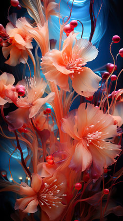 Abstract floral background. Orange flowers on a dark blue background. 3d renderの素材