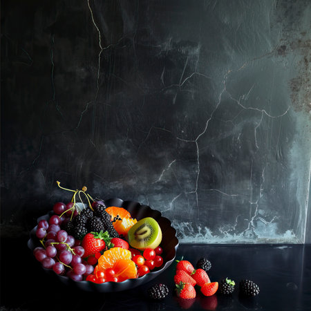 Fruit Salad, Black Surface Table, minimalistic decorの素材