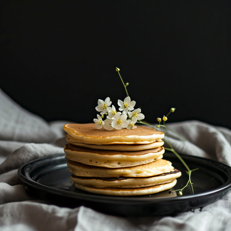 Cottage Cheese Pancakes, Black Surface Table, minimalistic decorの素材