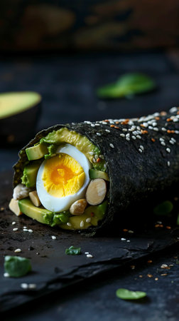 Egg and Avocado Wrap, Black Surface Table, minimalistic decorの素材