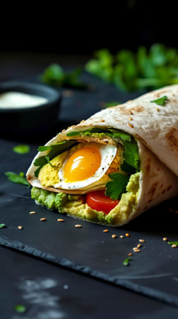 Egg and Avocado Wrap, Black Surface Table, minimalistic decorの素材