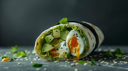 Egg and Avocado Wrap, Black Surface Table, minimalistic decorの素材
