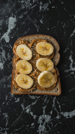 Peanut Butter Banana Toast, Black Surface Table, minimalistic decorの素材