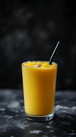 Mango and Coconut Smoothie, Black Surface Table, minimalistic decorの素材