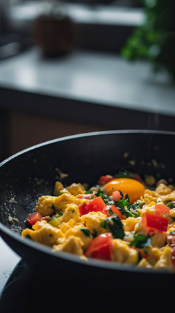 Egg and Veggie Scramble, Black Surface Table, minimalistic decorの素材