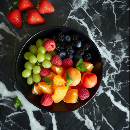 Fruit Salad, Black Surface Table, minimalistic decorの素材