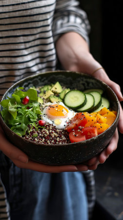 Quinoa Breakfast Bowl, Black Surface Table, minimalistic decorの素材