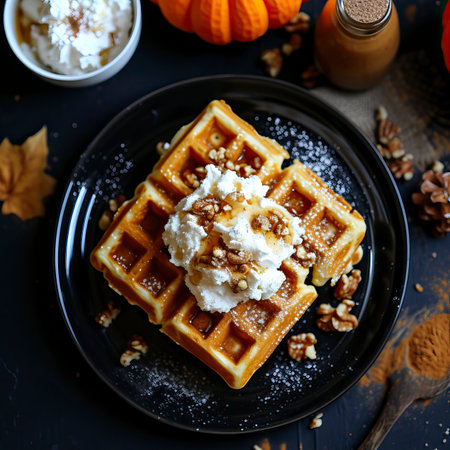 Pumpkin Spice Waffles, Black Surface Table, minimalistic decorの素材