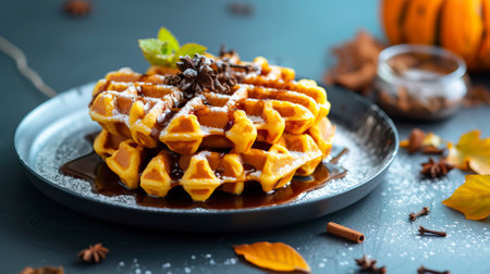 Pumpkin Spice Waffles, Black Surface Table, minimalistic decorの素材
