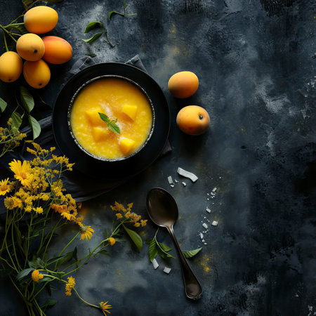 Mango and Coconut Smoothie, Black Surface Table, minimalistic decorの素材
