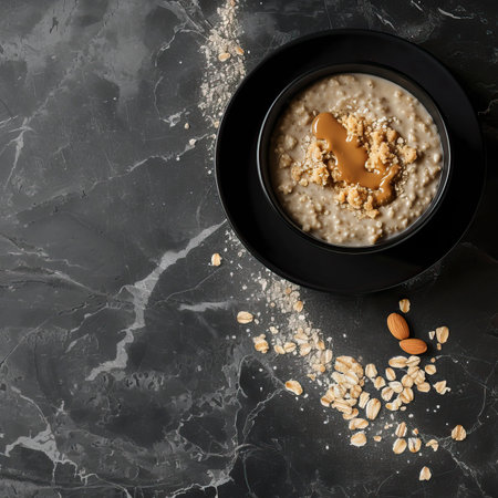 Oatmeal with Nut Butter, Black Surface Table, minimalistic decorの素材