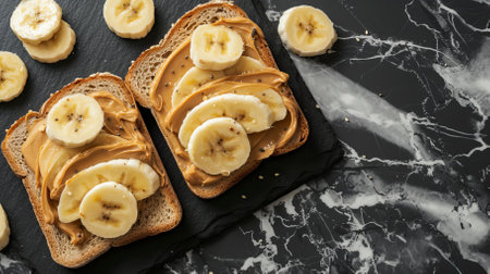 Peanut Butter Banana Toast, Black Surface Table, minimalistic decorの素材