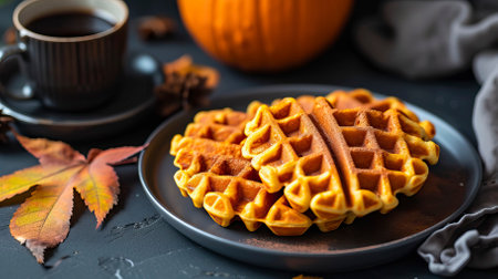 Pumpkin Spice Waffles, Black Surface Table, minimalistic decorの素材