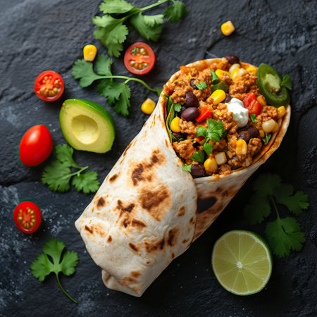 Mexican Breakfast Burrito, Black Surface Table, minimalistic decorの素材