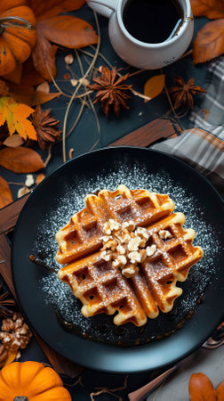 Pumpkin Spice Waffles, Black Surface Table, minimalistic decorの素材