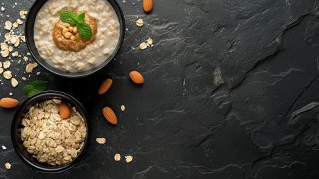 Oatmeal with Nut Butter, Black Surface Table, minimalistic decorの素材
