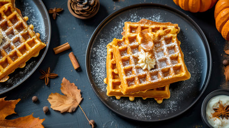 Pumpkin Spice Waffles, Black Surface Table, minimalistic decorの素材