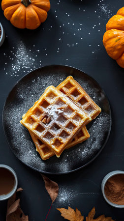 Pumpkin Spice Waffles, Black Surface Table, minimalistic decorの素材