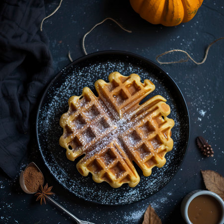 Pumpkin Spice Waffles, Black Surface Table, minimalistic decorの素材