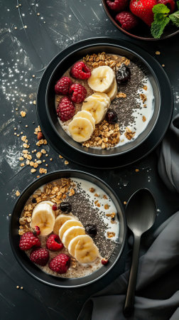 Quinoa Breakfast Bowl, Black Surface Table, minimalistic decorの素材