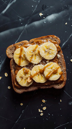 Peanut Butter Banana Toast, Black Surface Table, minimalistic decorの素材