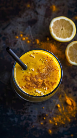 Turmeric Smoothie, Black Surface Table, minimalistic decorの素材