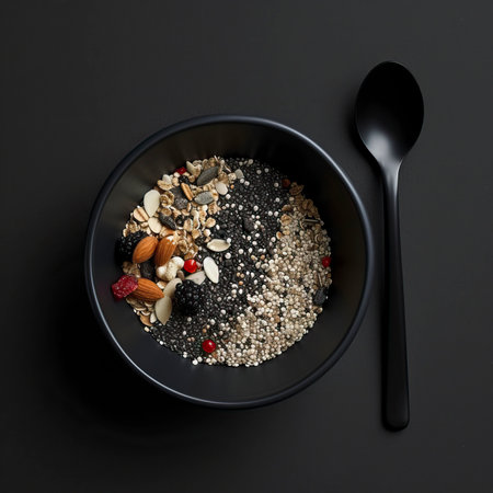 Quinoa Breakfast Bowl, Black Surface Table, minimalistic decorの素材