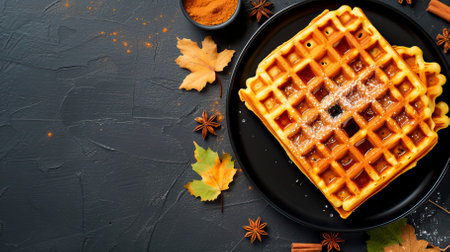 Pumpkin Spice Waffles, Black Surface Table, minimalistic decorの素材
