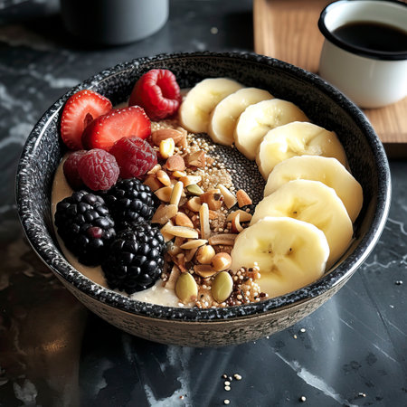 Quinoa Breakfast Bowl, Black Surface Table, minimalistic decorの素材