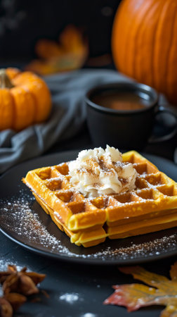 Pumpkin Spice Waffles, Black Surface Table, minimalistic decorの素材