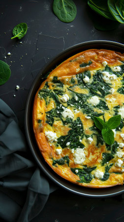Spinach and Feta Frittata, Black Surface Table, minimalistic decorの素材