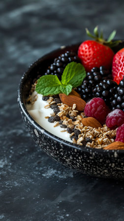 Quinoa Breakfast Bowl, Black Surface Table, minimalistic decorの素材