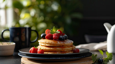 Whole Grain Pancakes, Black Surface Table, minimalistic decorの素材