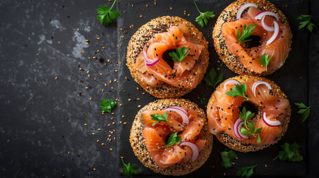 Smoked Salmon Bagel, Black Surface Table, minimalistic decorの素材