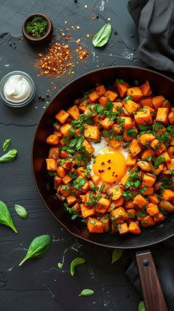 Sweet Potato Hash, Black Surface Table, minimalistic decorの素材