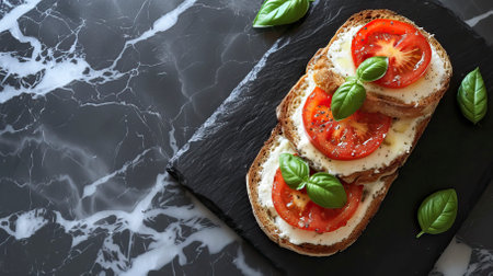 Tomato Basil Mozzarella Toast, Black Surface Table, minimalistic decorの素材