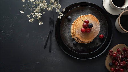 Whole Grain Pancakes, Black Surface Table, minimalistic decorの素材