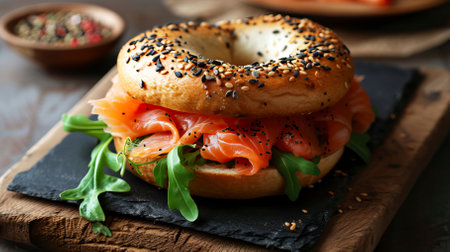 Smoked Salmon Bagel, Black Surface Table, minimalistic decorの素材