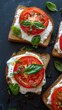 Tomato Basil Mozzarella Toast, Black Surface Table, minimalistic decorの素材