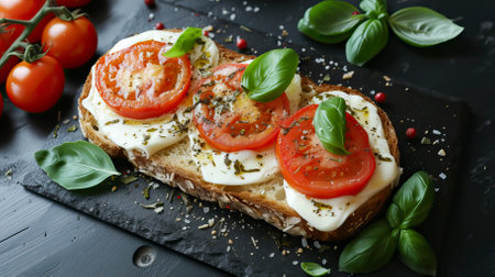 Tomato Basil Mozzarella Toast, Black Surface Table, minimalistic decorの素材